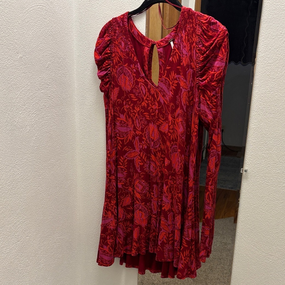 Free People Red and Pink Floral V-Neck Dress